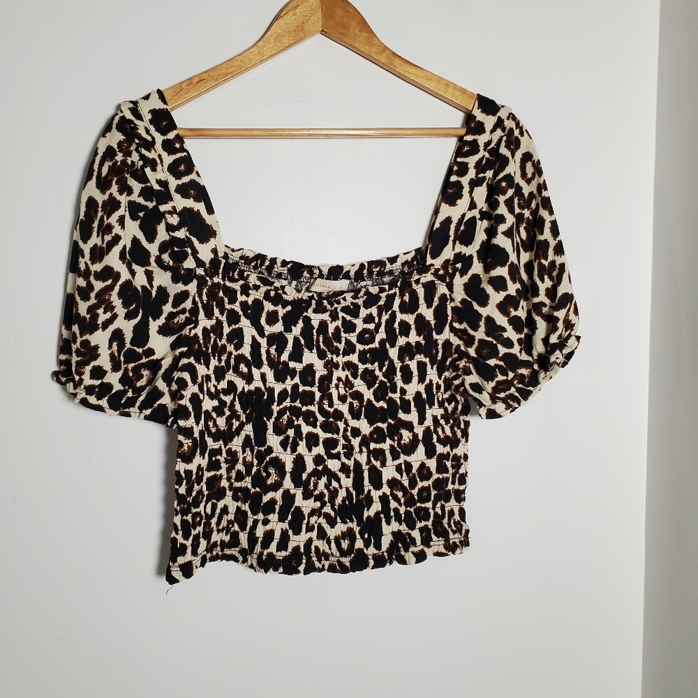 MONTEAU Sz XL Leopard Print Linen Blend Pucker Crop Top Puff Sleeves Y2K Retro